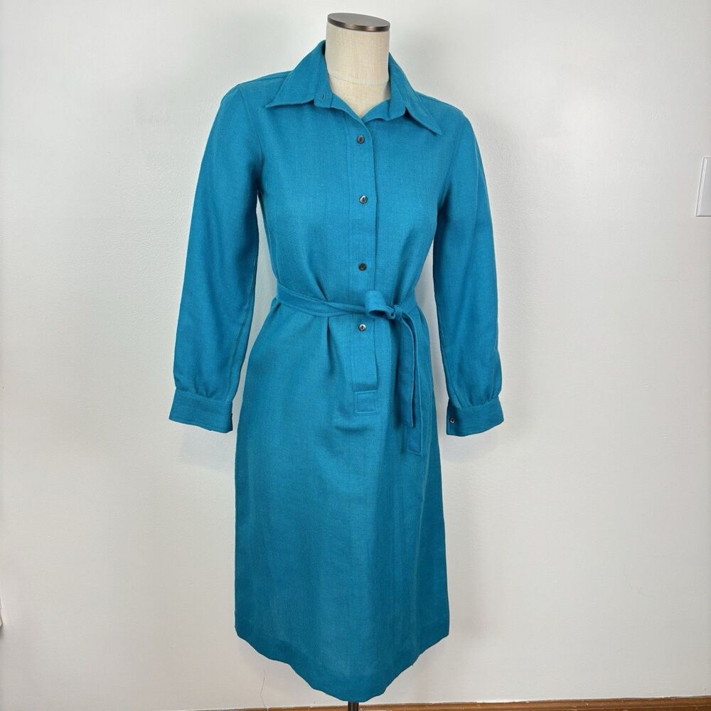 VTG 60s 70s Donald Davies of Dublin Teal Collared 100% Pure Wool Dress Ireland